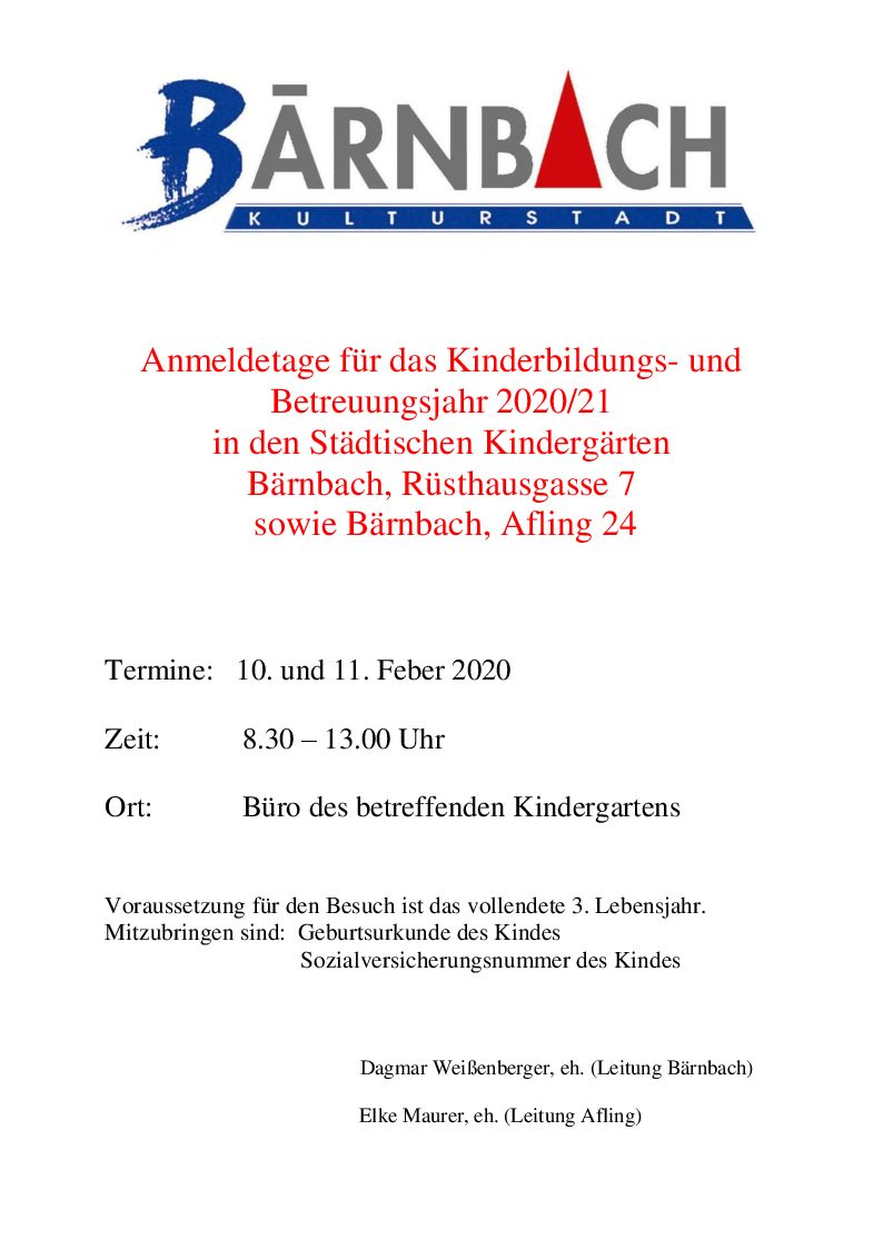 Anmeldetage Bärnbach Afling 2019